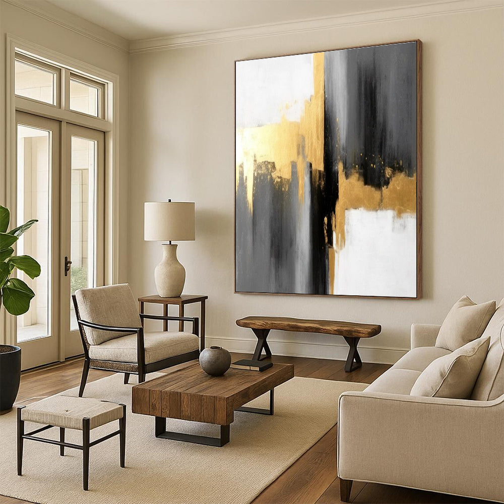 Gray Gold and White Abstract Painting with Sophisticated Layers ADGE076