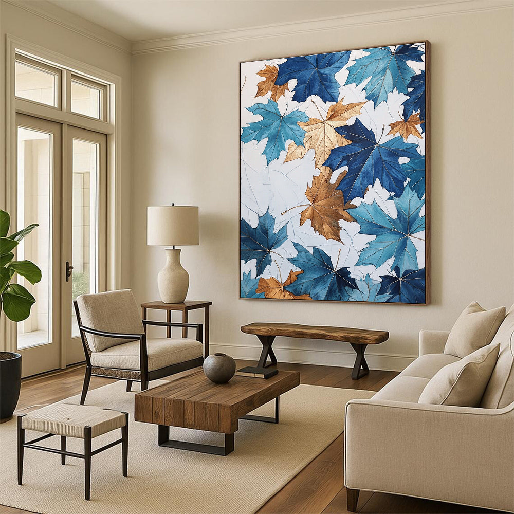 Large abstract painting of blue and gold maple leaves with metallic accents on a white background inspired by John Derric's style.STSC1154
