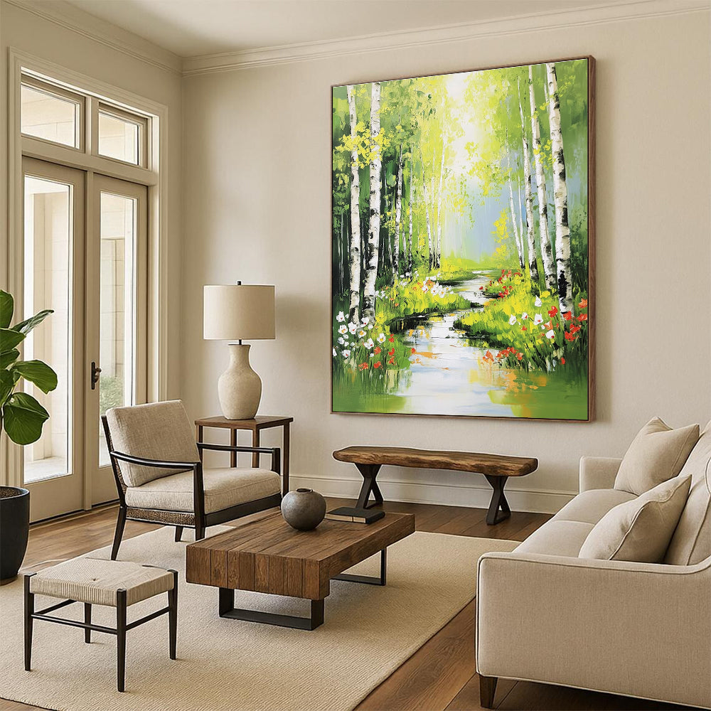 Large abstract painting of serene birch trees flowers and sunlight streaming through leaves in vibrant colors and bold brushstrokes.STSC897