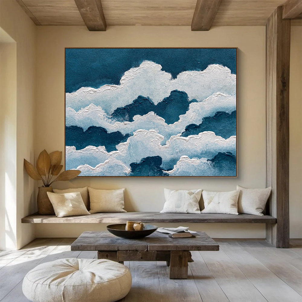 Blue White Cloud Abstract Painting with Textured Sky Forms THY364