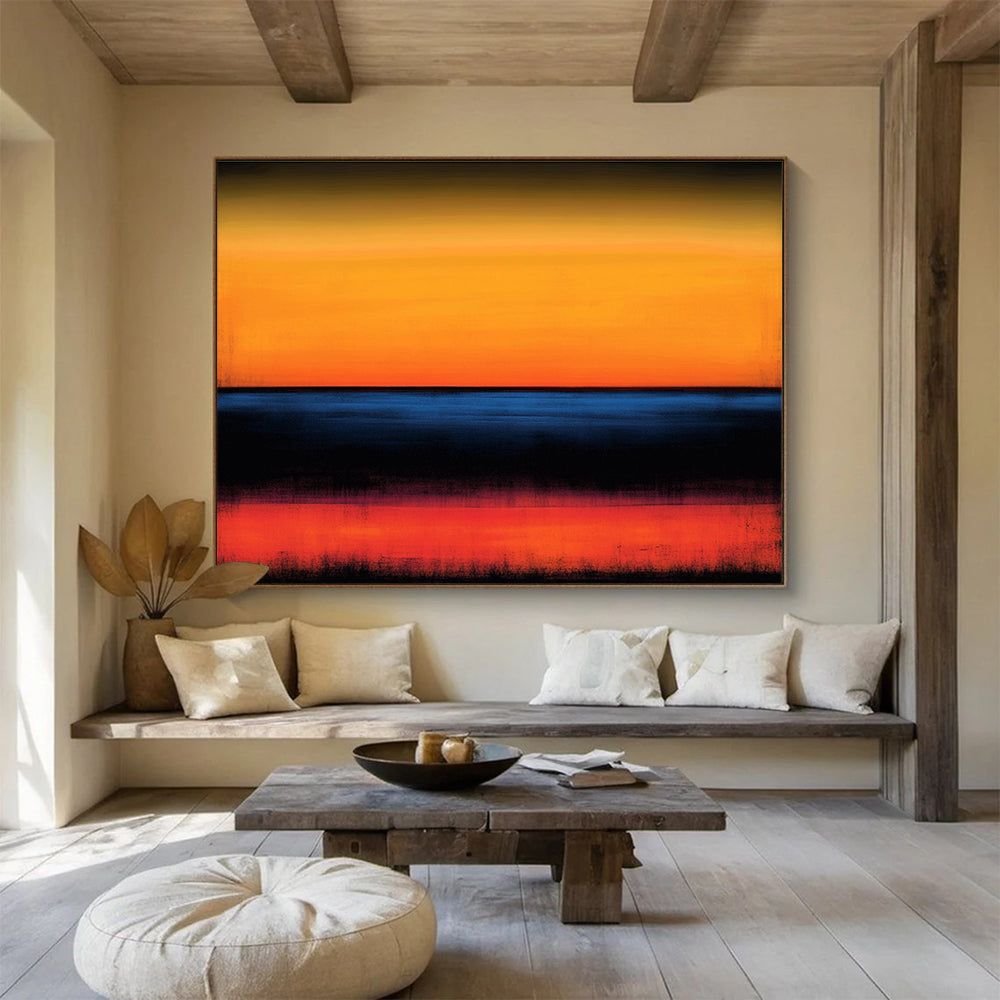 Large abstract painting featuring an orange and blue color scheme with blurred edges and a serene horizon over the ocean at sunset.SC053
