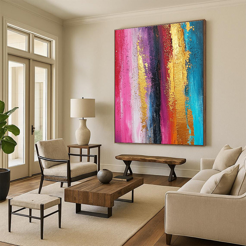 Large abstract painting featuring textured ombre rainbow colors with gold foil accents and a grunge background in vertical stripes.STSC733