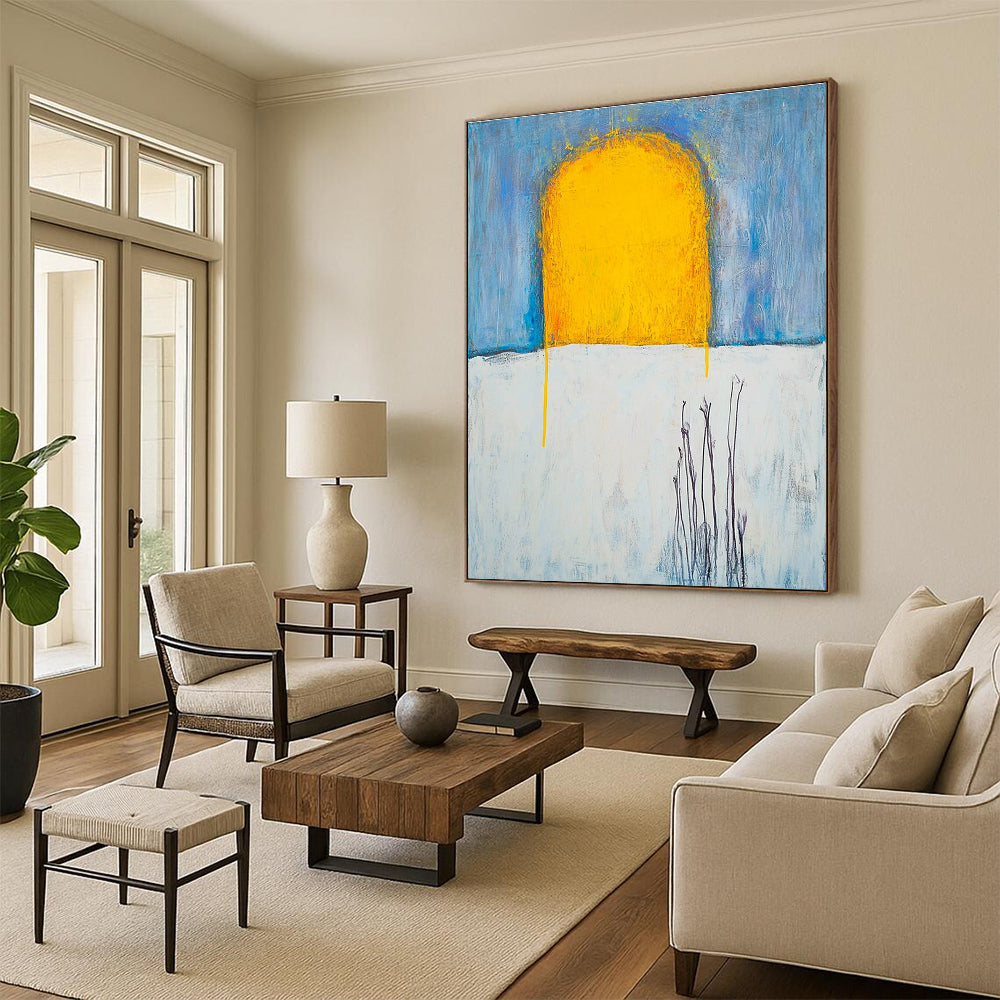 Large abstract painting with yellow sun rays on a white sky featuring textured oil paint and visible brush strokes inspired by Duchamp and Beksiński.STSC370