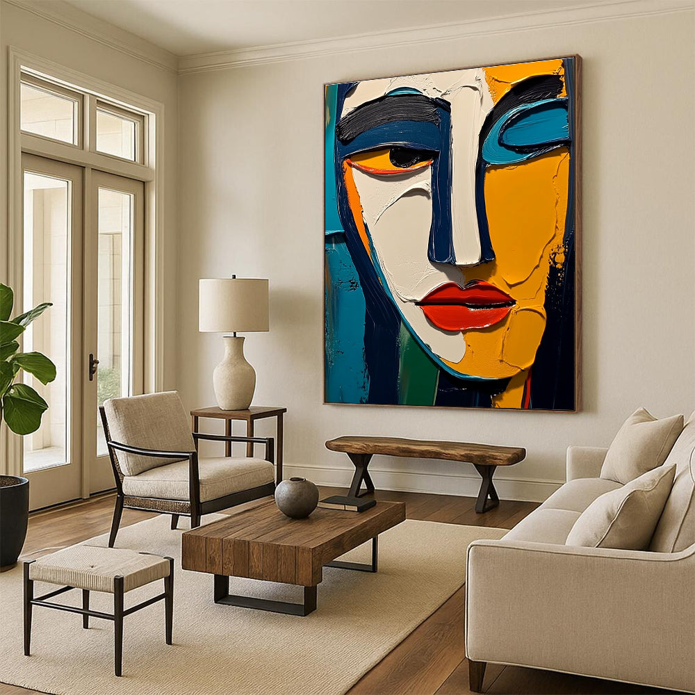 Large abstract painting featuring thick impasto texture with vibrant colors blue yellow white black red orange and green inspired by Picasso and Matisse.STSC557