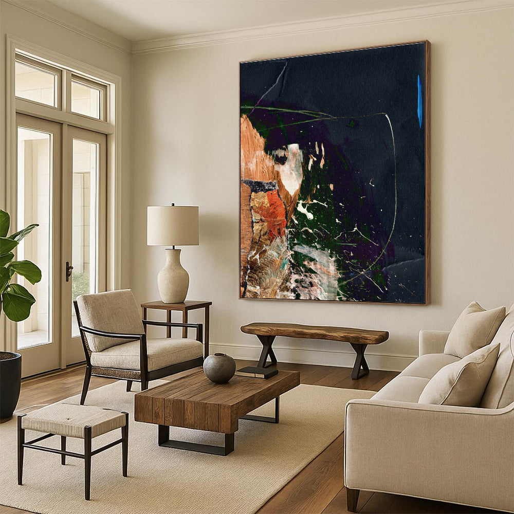 Dark Collage with Vibrant Accents Abstract Painting ADGE170