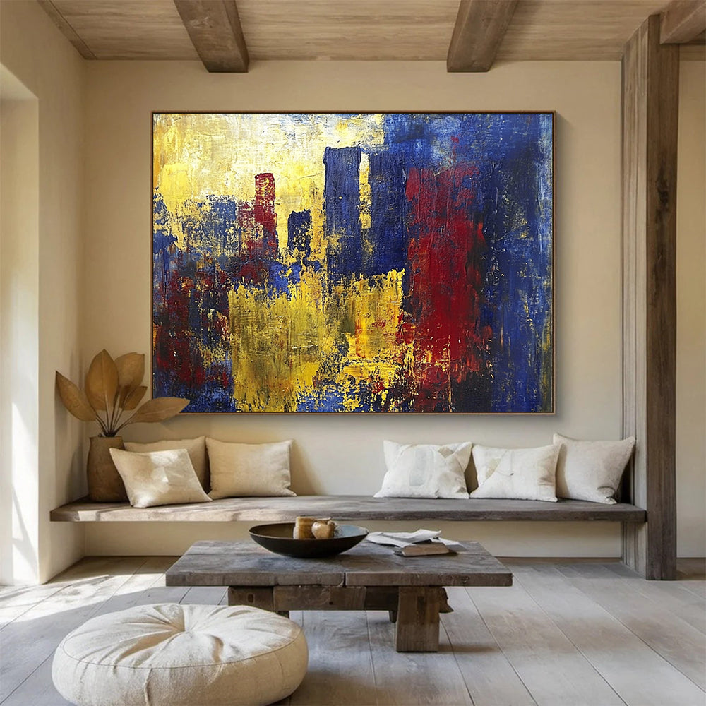 A large abstract painting inspired by J.M.W. Turner and Picasso featuring vibrant yellow blue and red hues with heavy brush strokes and dynamic textures.SC357
