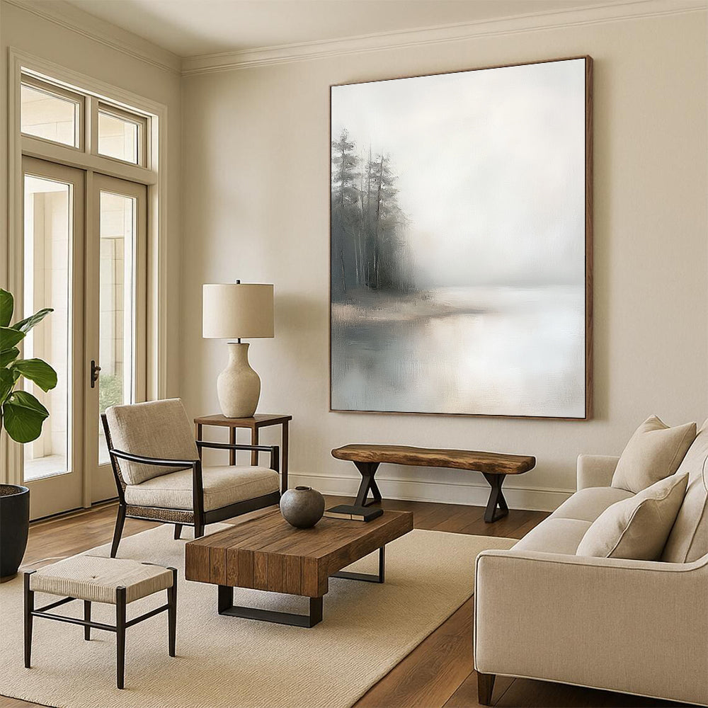 Large abstract painting featuring a minimalist composition with a foggy sky muted colors and distant pine trees on oil linen canvas.STSC089