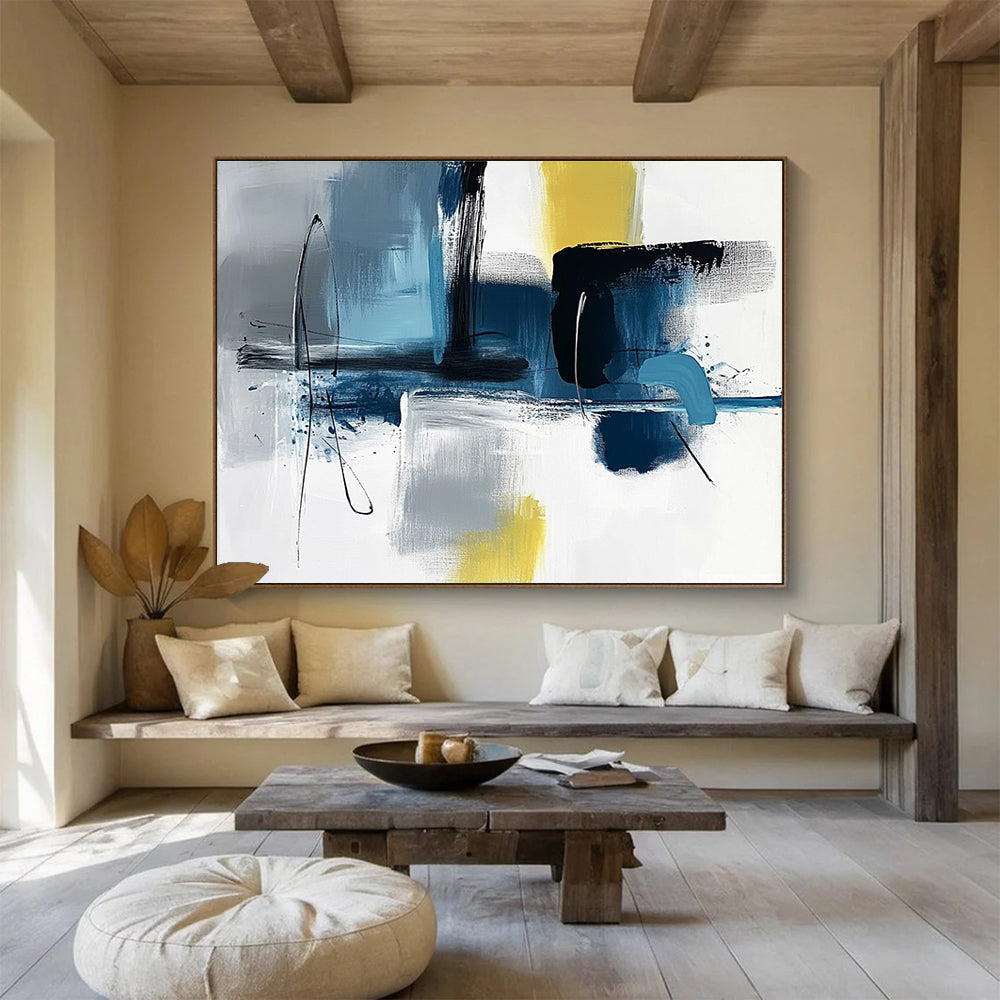 Blue Grey and Yellow Abstract Painting with Dynamic Brushstrokes DYP194