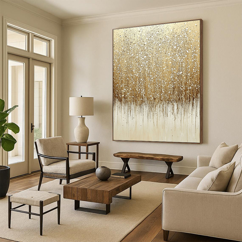 Large abstract painting of glittering sand with ombre beige and white colors featuring numerous sparkles on a clean background.STSC681