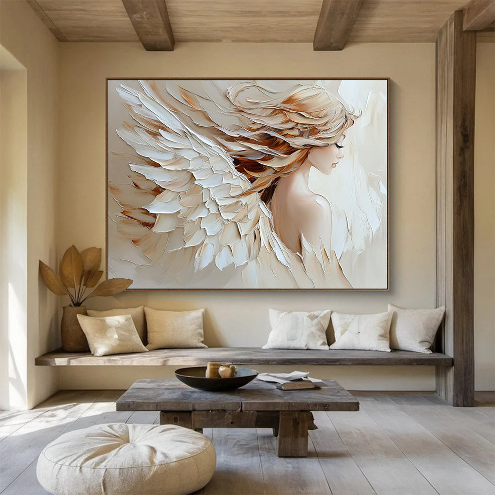 Large abstract oil painting of an angel with palette knife texture in beige and white colors featuring flowing hair on canvas.SC105