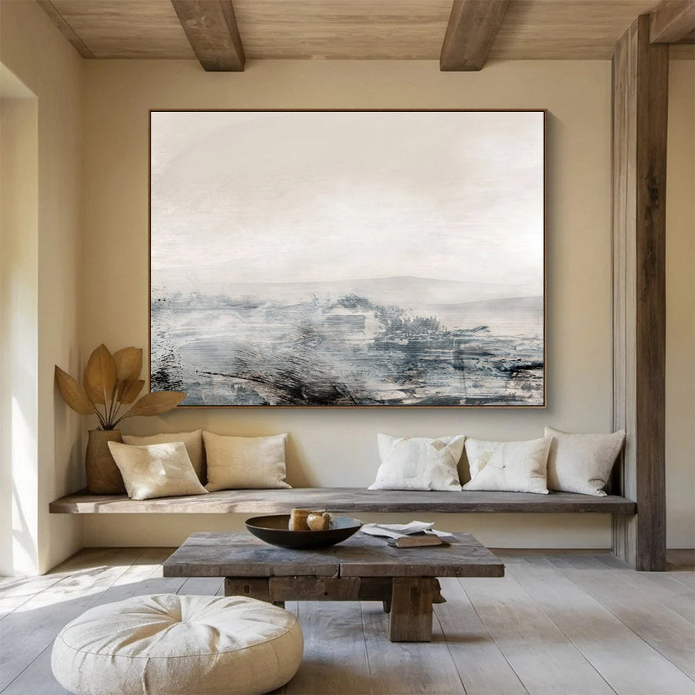 Muted Landscape Abstract Painting with Soft Grey and Beige Tones THY136