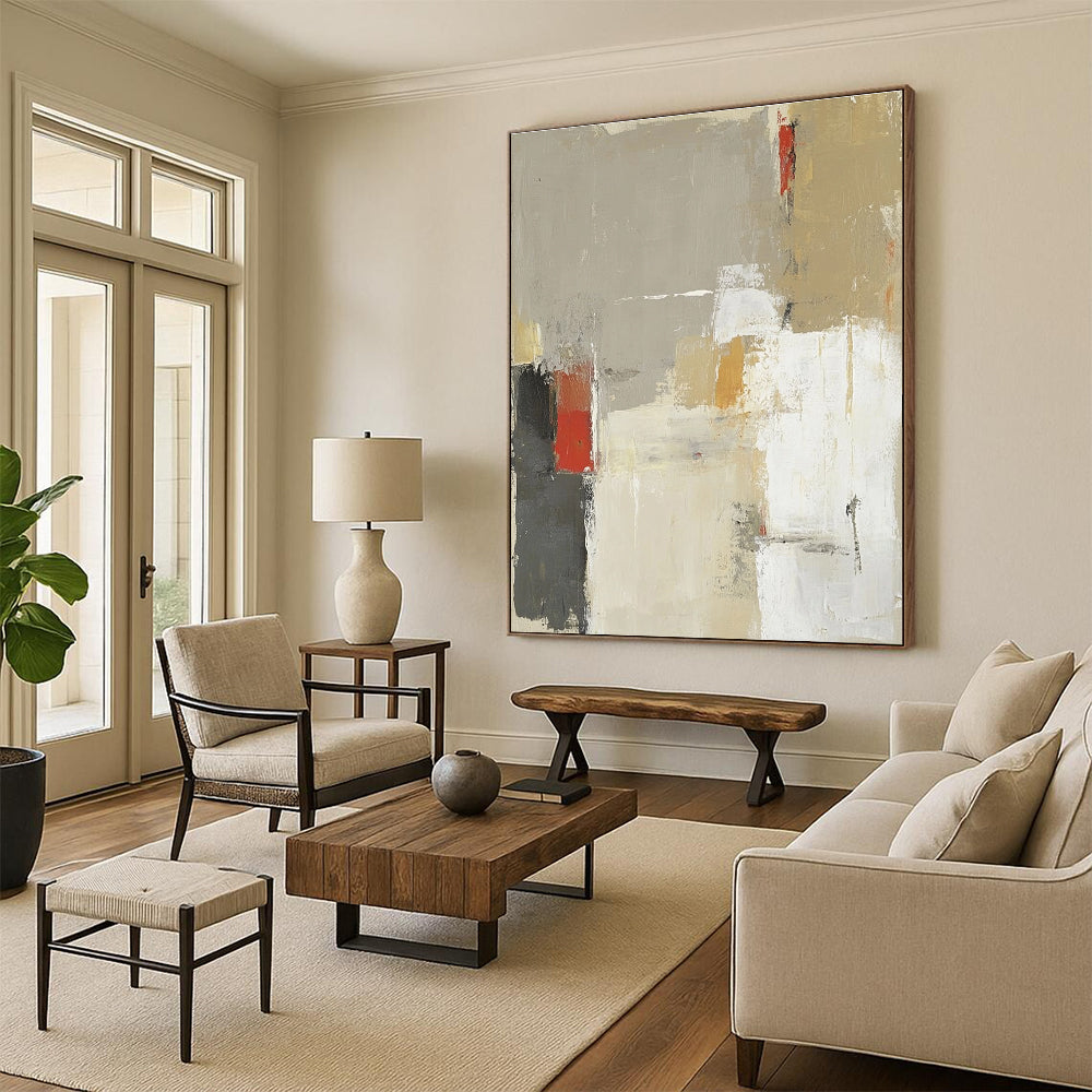 Large abstract painting in beige and gray with red accents featuring soft brush strokes and bold shapes.STSC616