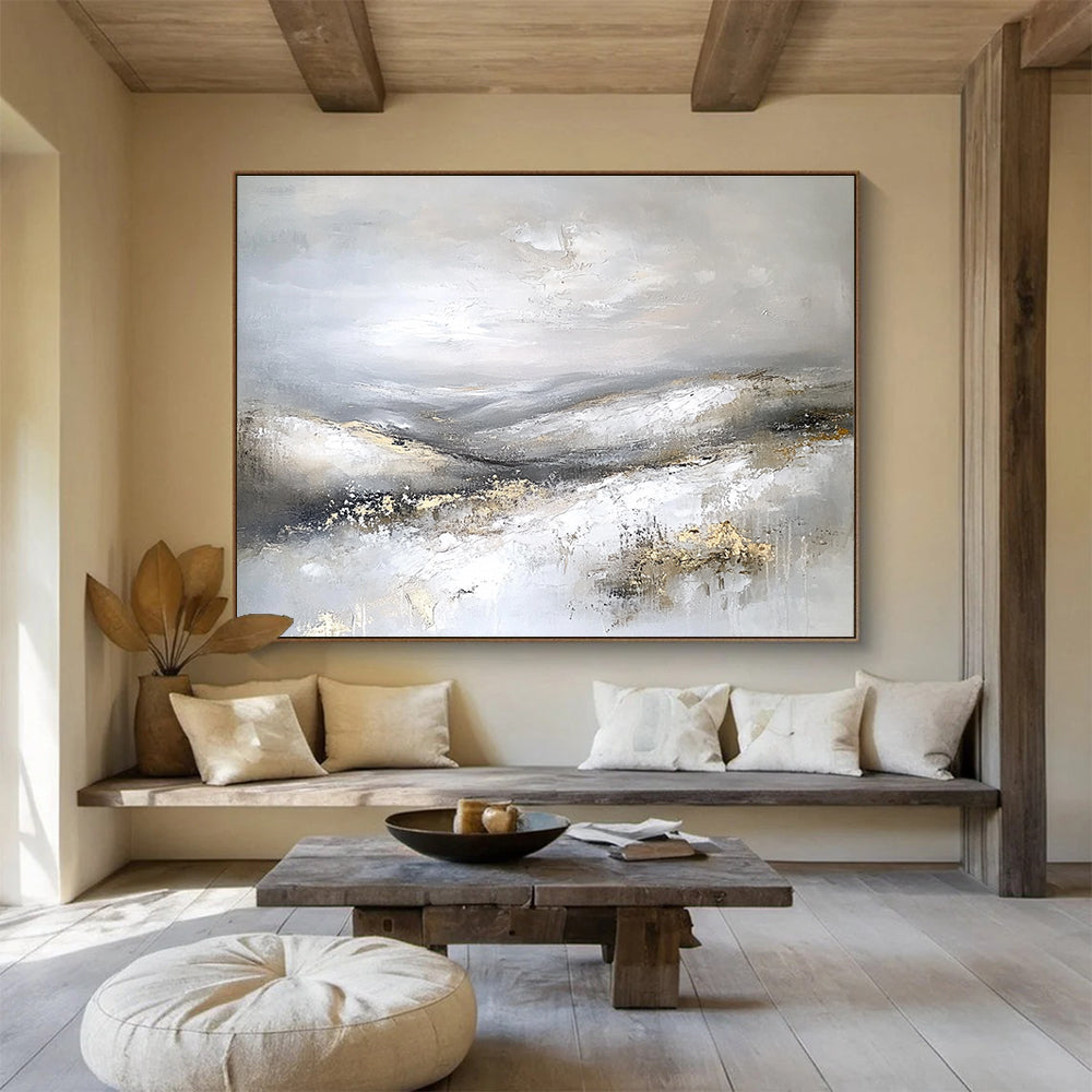 Gray and Gold Mountain Abstract Painting with Textured Peaks DYP243