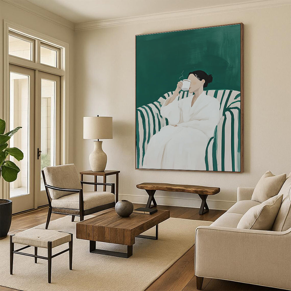 A large abstract painting featuring a woman in a white robe sipping coffee on a striped sofa with a vibrant green background.STSC1122