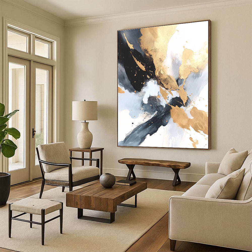 Gold Black Abstract Painting with Elegant Splashes GER736
