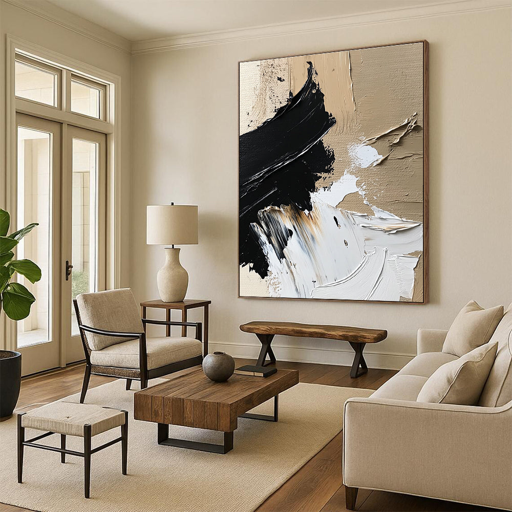 Dynamic Textured Abstract with Black White and Beige Strokes GER364
