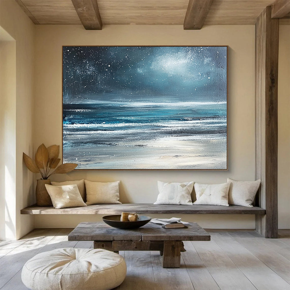 Starry Sea Beach Abstract Painting with Dark Blue and Silver Tones DYP570