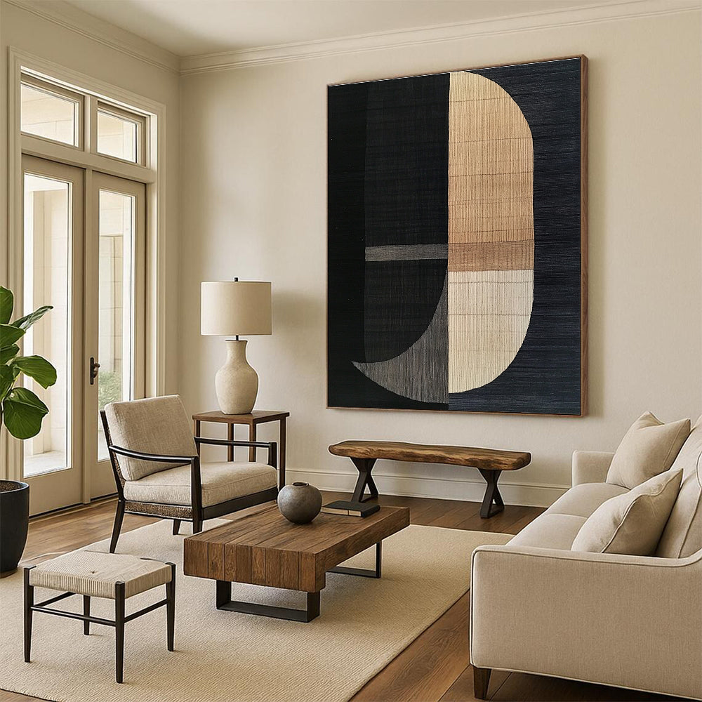 Black and Beige Geometric Abstract Painting with Textured Shapes GER180