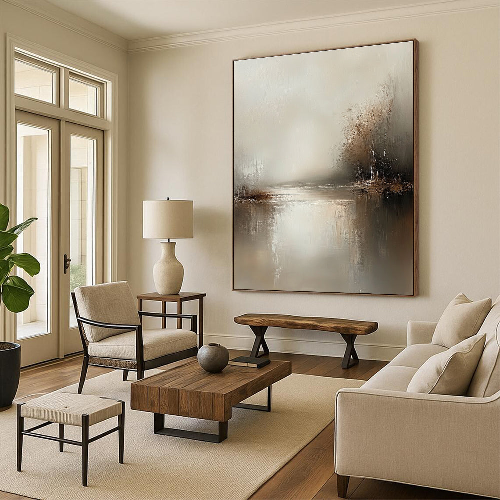 Large abstract painting in muted tones of beige and grey featuring tranquil waters and soft brush strokes for a serene atmosphere.STSC077