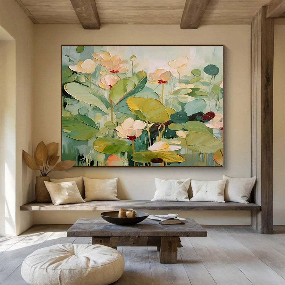 Green and Pink Tones Lotus - themed Abstract Painting THY088
