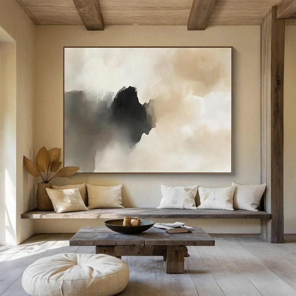 Large abstract painting featuring light gray and dark beige tones with atmospheric clouds soft edges and elegant mysterious emotions.SC222