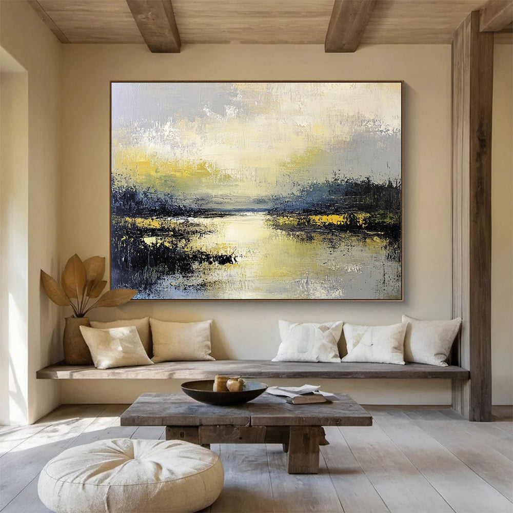 Textured Marshland Abstract Painting with Yellows Greens and Grays DYP238