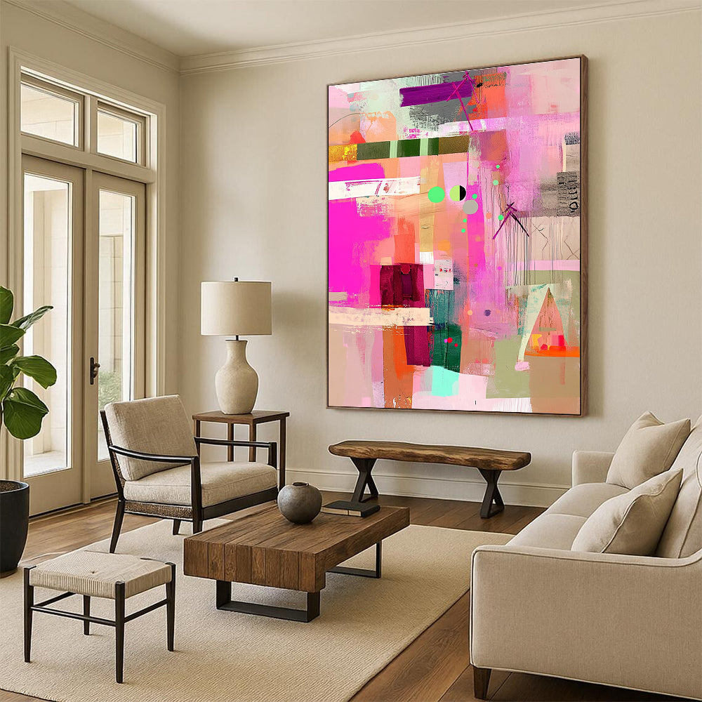 Large abstract painting featuring pink green and beige with playful textures patterns and a whimsical vintage style.STSC786
