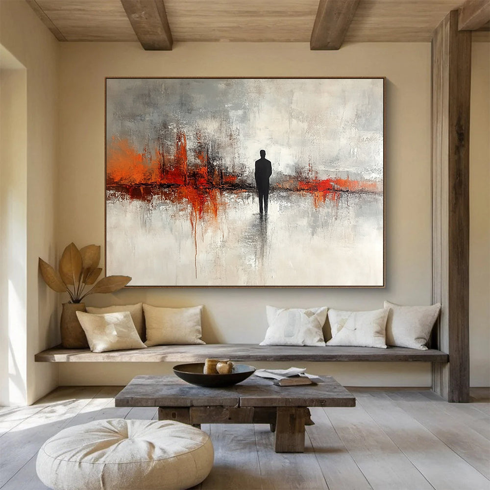 Silhouette in Abstract Landscape Painting with Gray and Orange DYP417