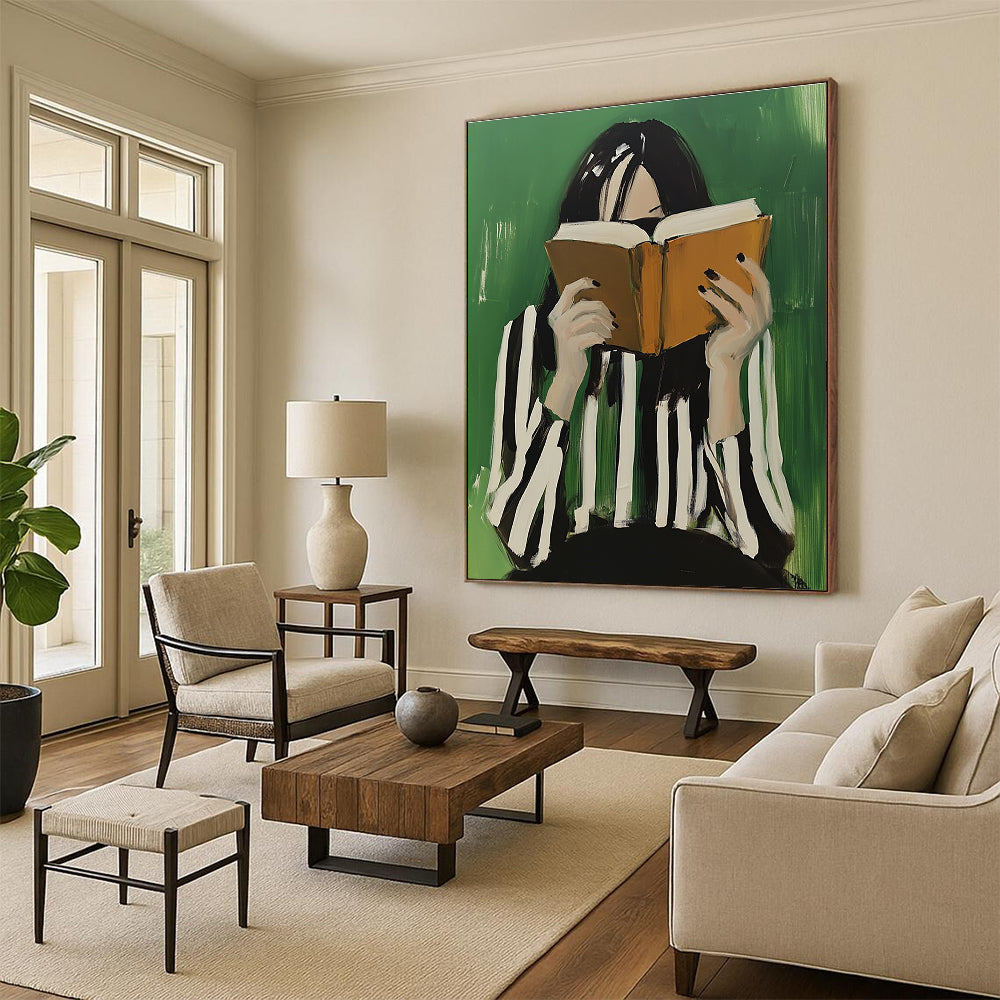 An abstract oil painting of a woman with black and white striped hair enjoying coffee while reading an open book against a green background.STSC1265