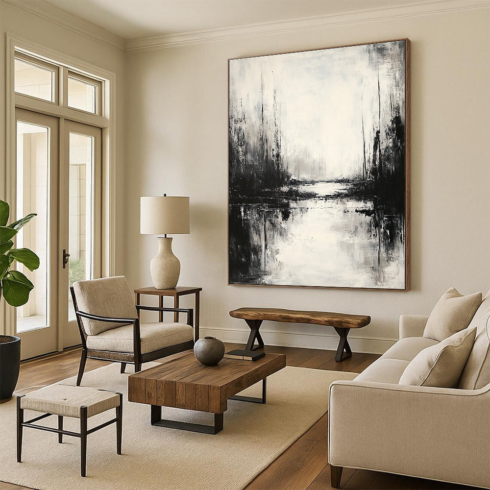 Large abstract painting featuring an atmospheric landscape in neutral tones with low contrast and muted colors, creating a serene monochromatic reflection.STSC021