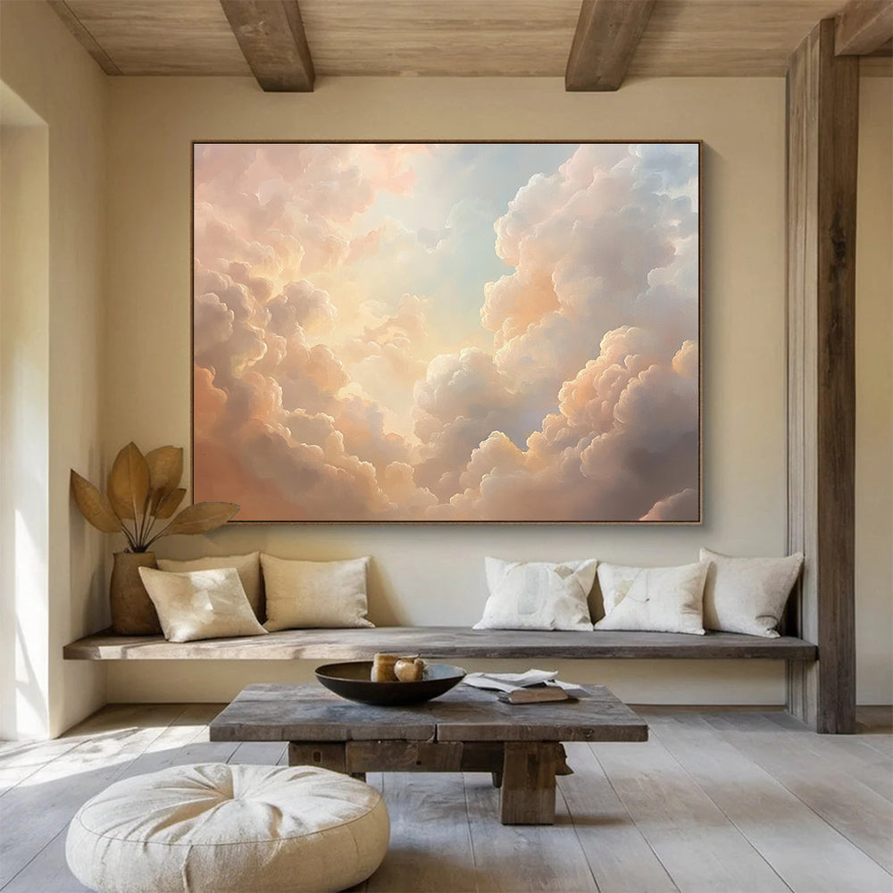A stunning abstract oil painting featuring beautiful clouds in pink and peach tones, creating an ethereal atmosphere with soft light.SC406