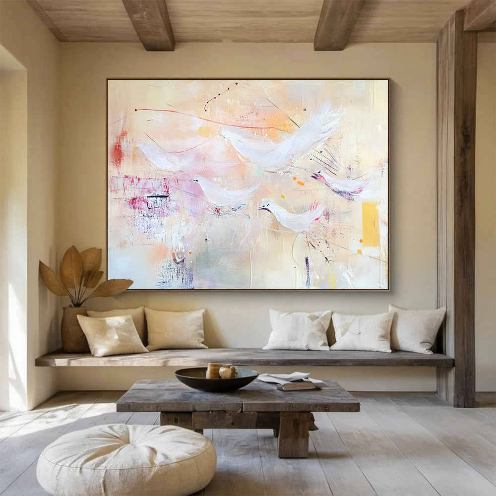 Large abstract painting with soft pastels featuring flying birds and textured layers evoking freedom and movement against a warm beige background.SC385