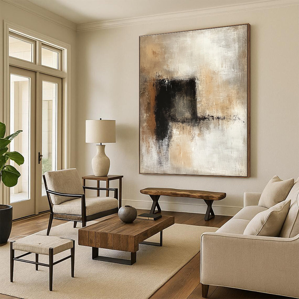 Large abstract painting featuring neutral tones in beige and brown, creating a calming and sophisticated atmosphere for any space.STSC780