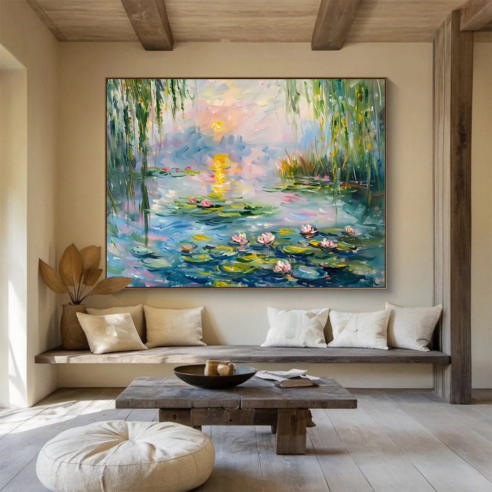 Water Lily Pond Abstract Painting with Pink, Green, and Blue Tones THY194