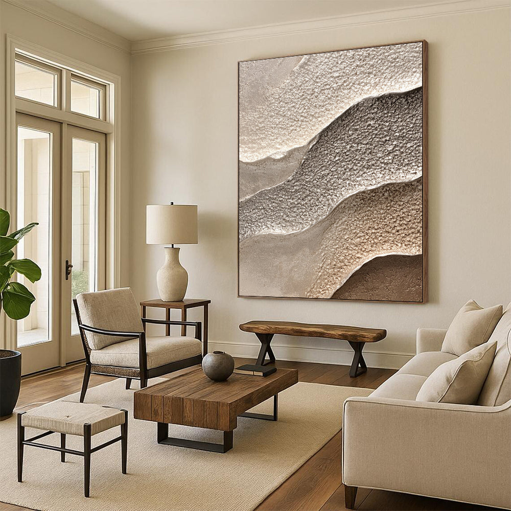 Abstract waves in grey complement detailed textured sandstone in beige and silver, perfect for nature-inspired interior decor.STSC945