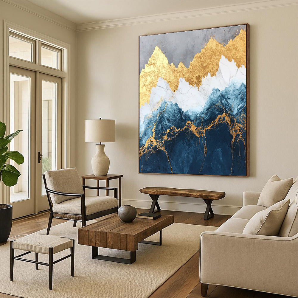 Large abstract marble and gold painting of mountains in deep blue and white with golden accents showcasing luxurious texture and detailed elegance.STSC123
