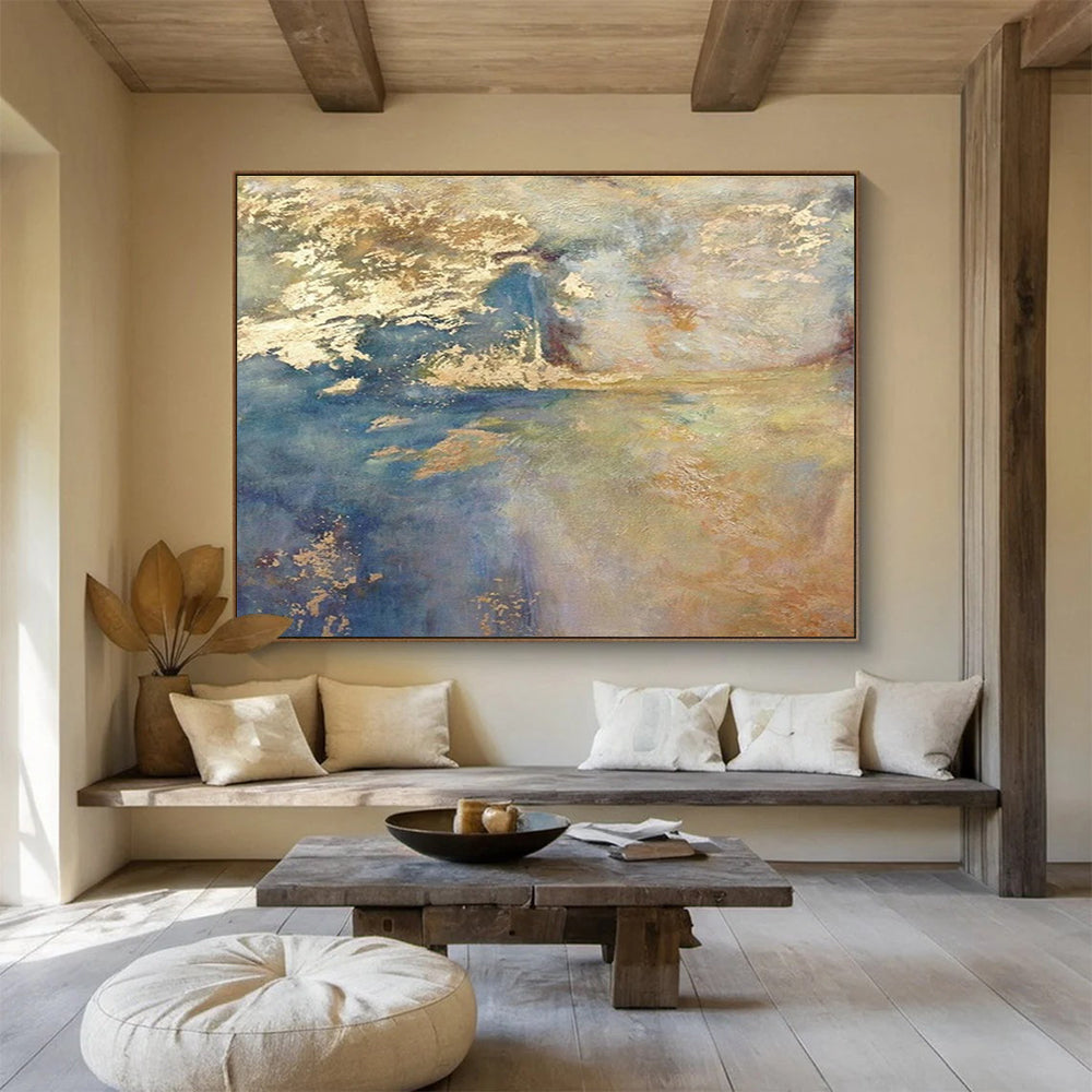 Blue Gold Abstract Painting with Radiant, Coastal - Sunset Vibes THY399