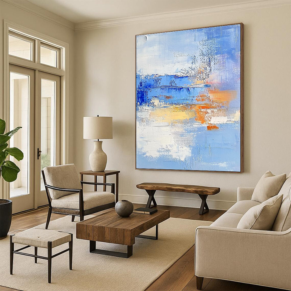 Light Blue and Orange Abstract Painting with Textured Layers GER617