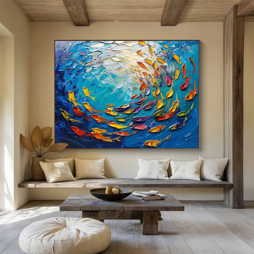 Colorful Fish School Abstract Painting with Blue, Yellow, and Colorful Fish THY199