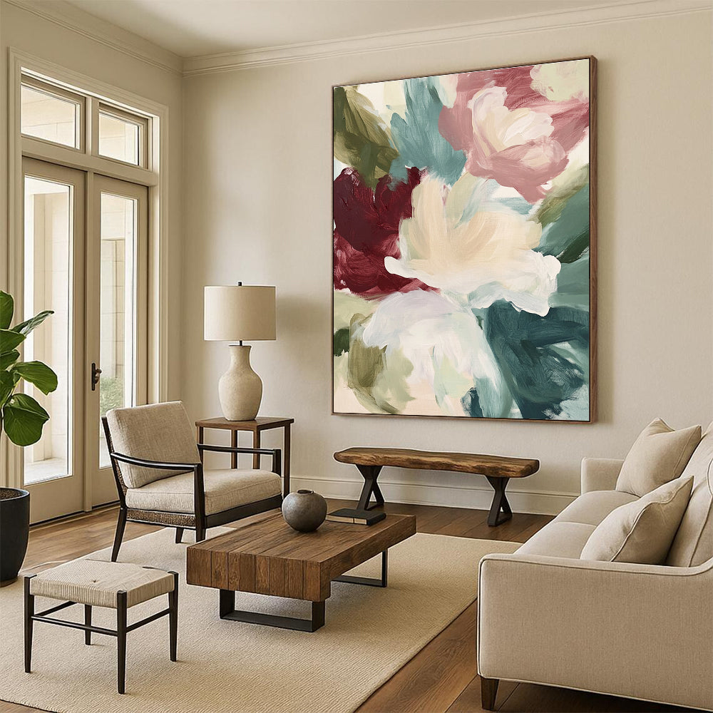 Large abstract floral painting in soft creams and sage greens with large brush strokes of maroon navy blue and minty pink for a serene garden view.STSC558