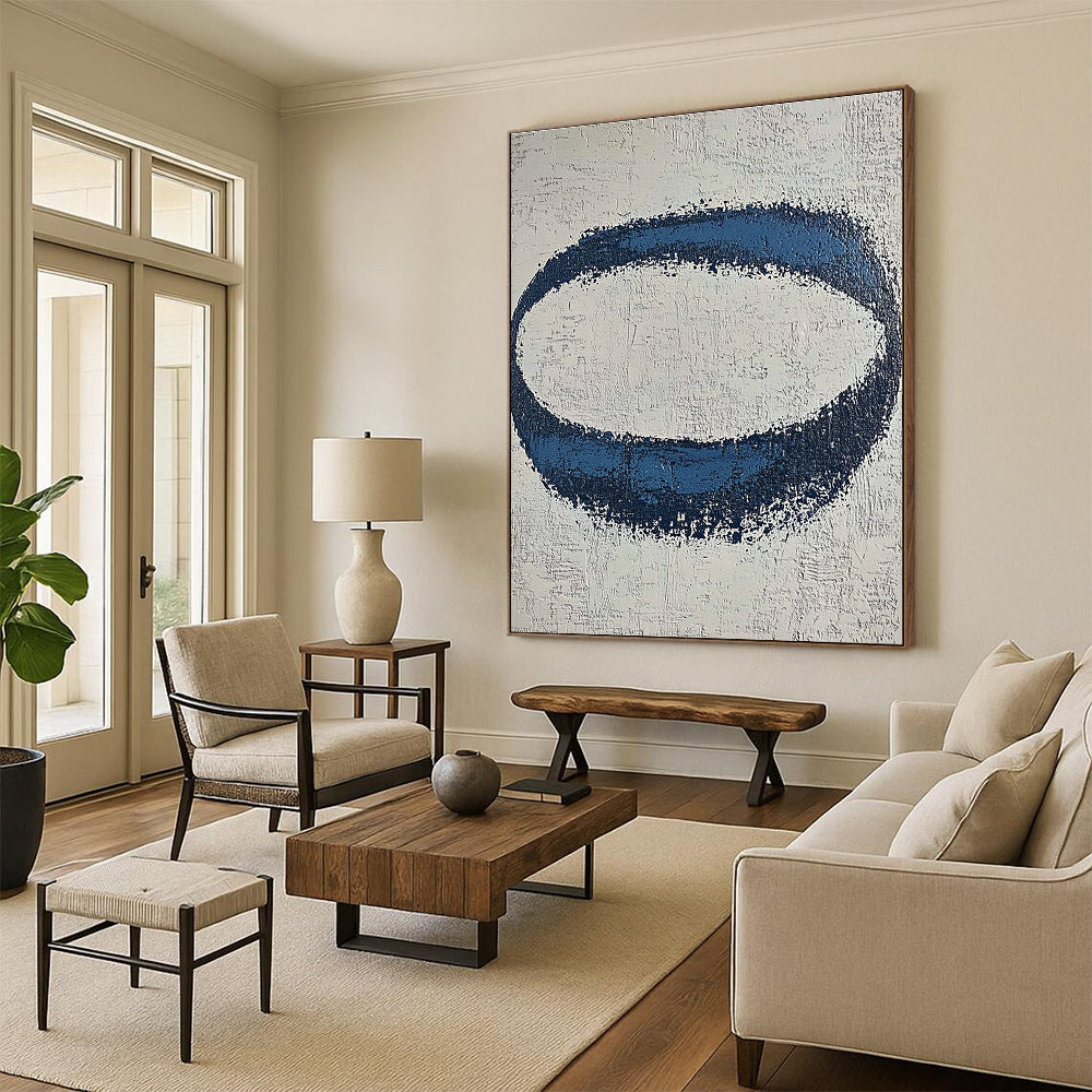 Blue Oval on Textured White Abstract Painting with Rough Edges GER024