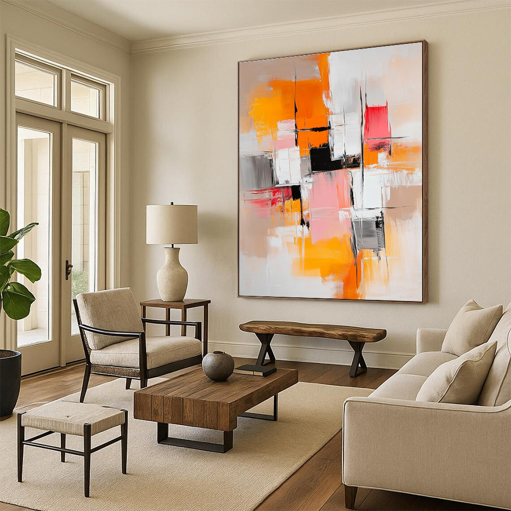 Orange Pink Gray Abstract Painting with Geometric Shapes GER760