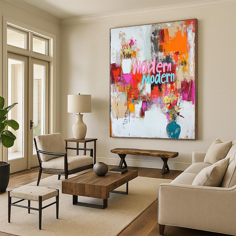 A large abstract painting featuring vibrant "Modern Modern" text in dynamic colors with energetic brush strokes and splashes creating a joyful composition.STSC1024