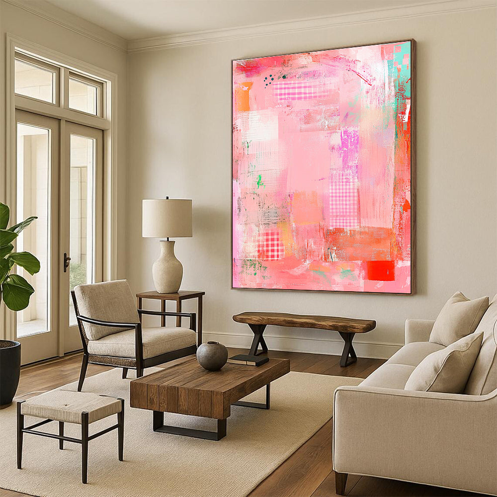 Large abstract painting featuring a pink background with whimsical patterns soft textures and a playful border creating a sense of artistic freedom.STSC830
