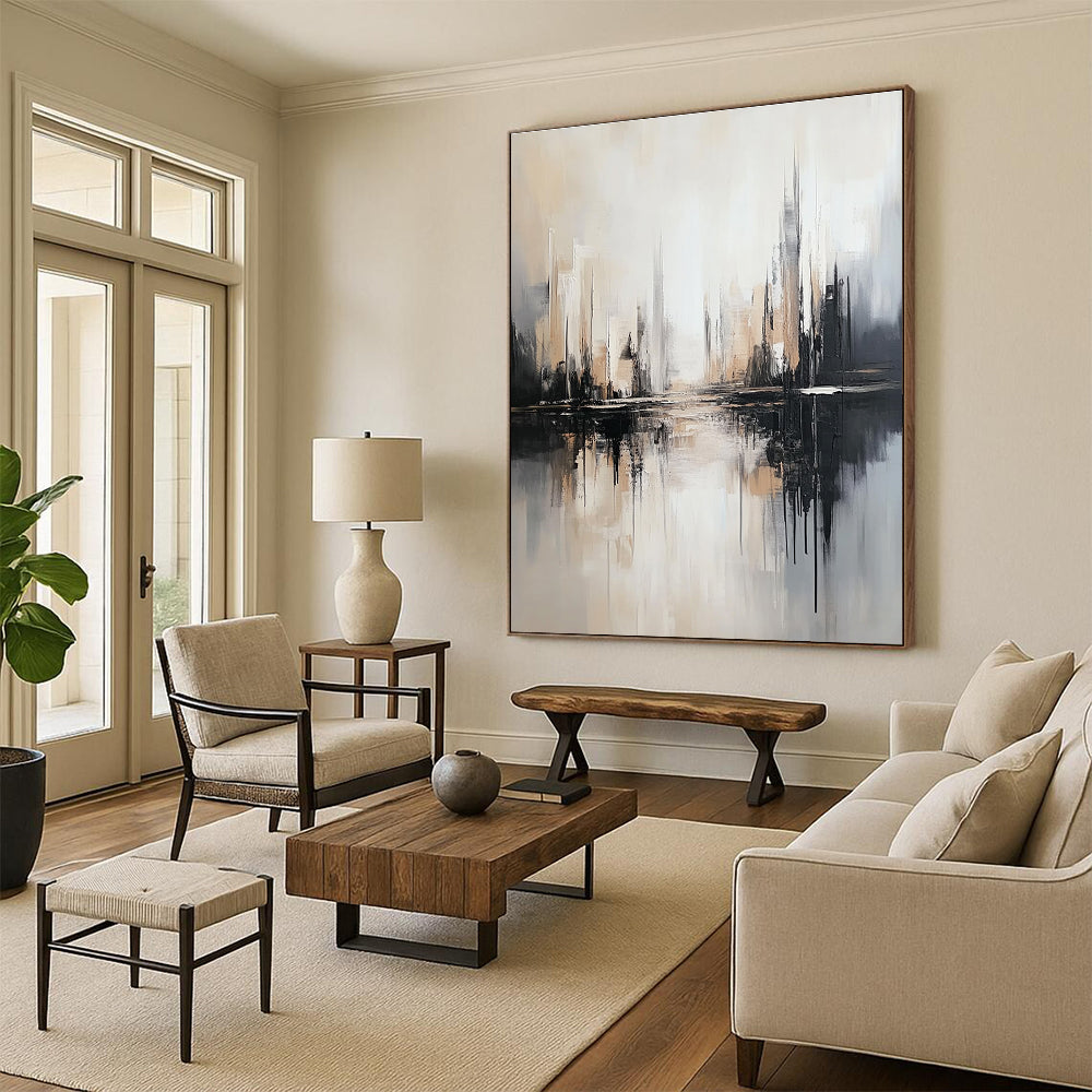 Large abstract artwork on canvas featuring neutral gray and light brown tones with a striking black and white cityscape backdrop.STSC1352