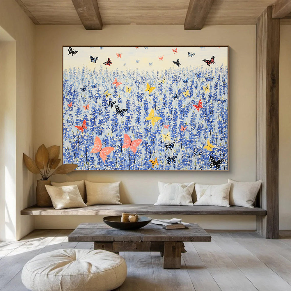 An abstract painting of bluebells surrounded by colorful butterflies in the vibrant style of Henri Matisse.SC463
