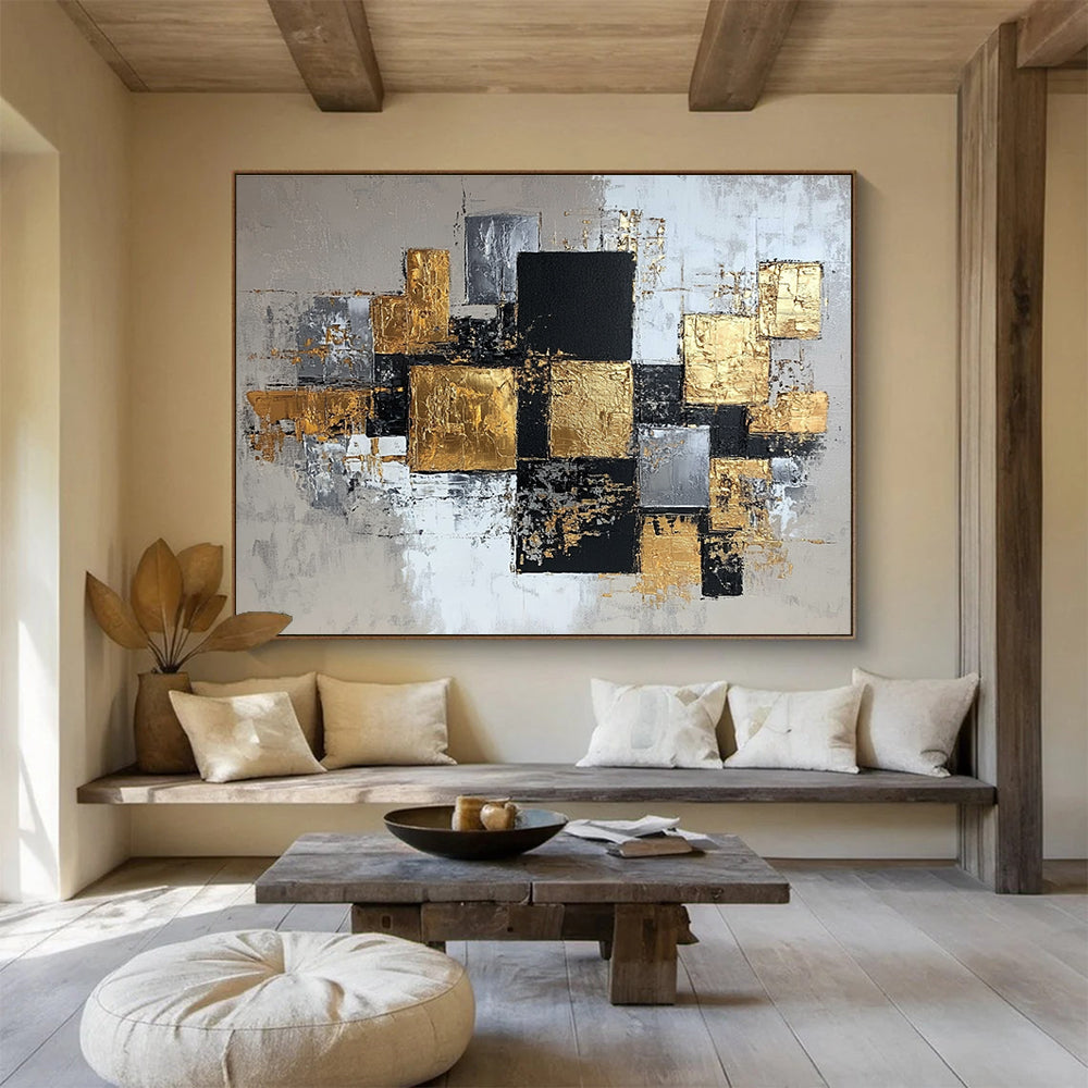 An abstract modern painting featuring elegant gold, silver, and gray squares on canvas, creating a sophisticated composition for any space.SC318