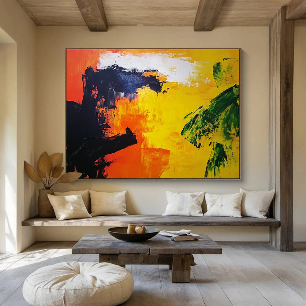 Abstract painting featuring vibrant orange and yellow landscape with bold black silhouettes and a touch of red in the corner, enhancing Expressionist style.SC166