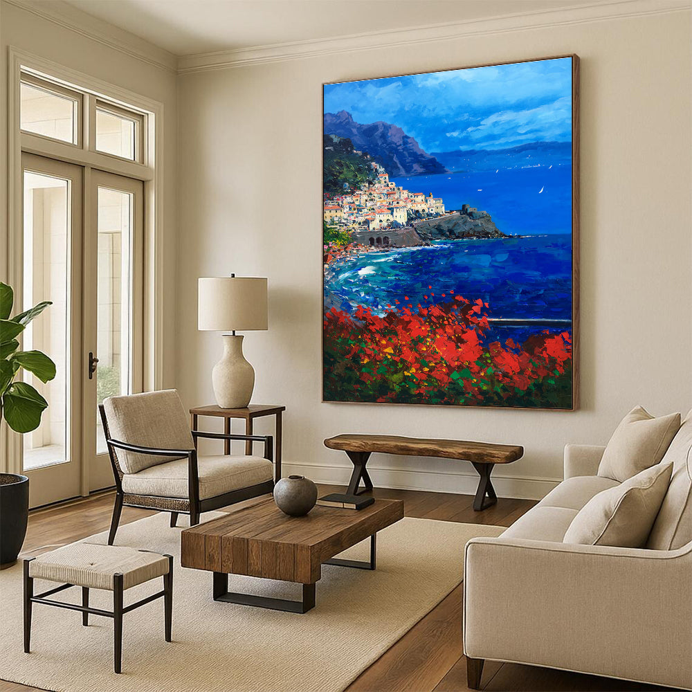 Coastal Village Abstract Painting with Blue and Red Tones ADGE533