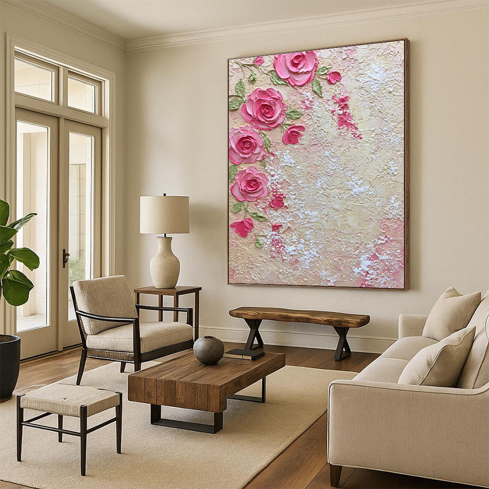 A large abstract painting featuring pink roses and green leaves with lace-like textures evokes romance and elegance for home decor.STSC931